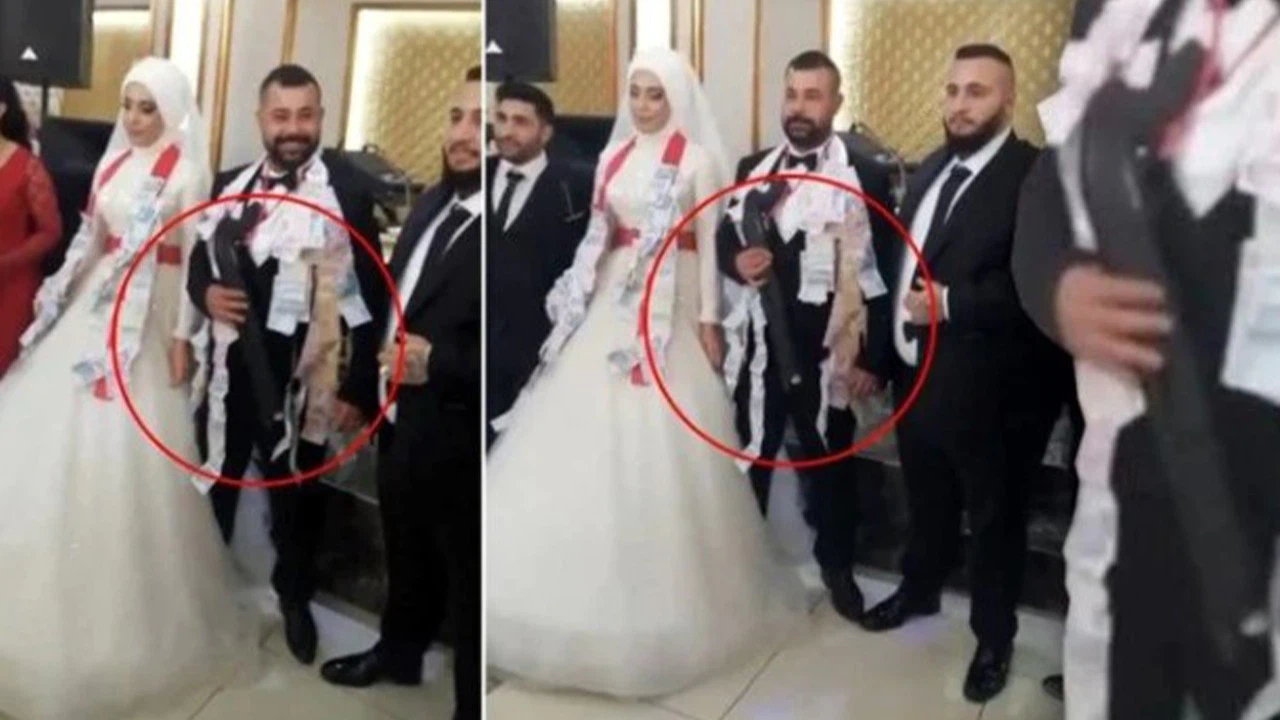 Düğünde damada pompalı tüfek taktılar