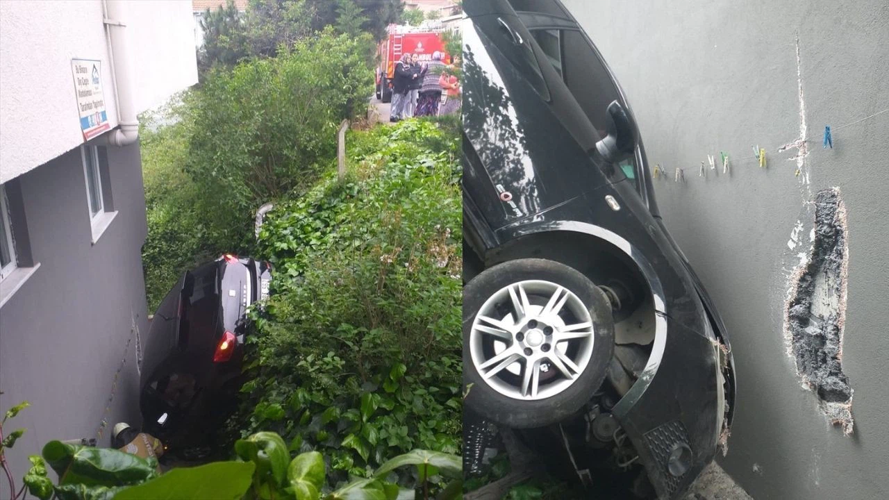 Otomobiliyle bir binanın bahçesine düştü!
