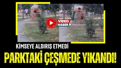 Parkta iç çamaşırlarıyla banyo yaptı!